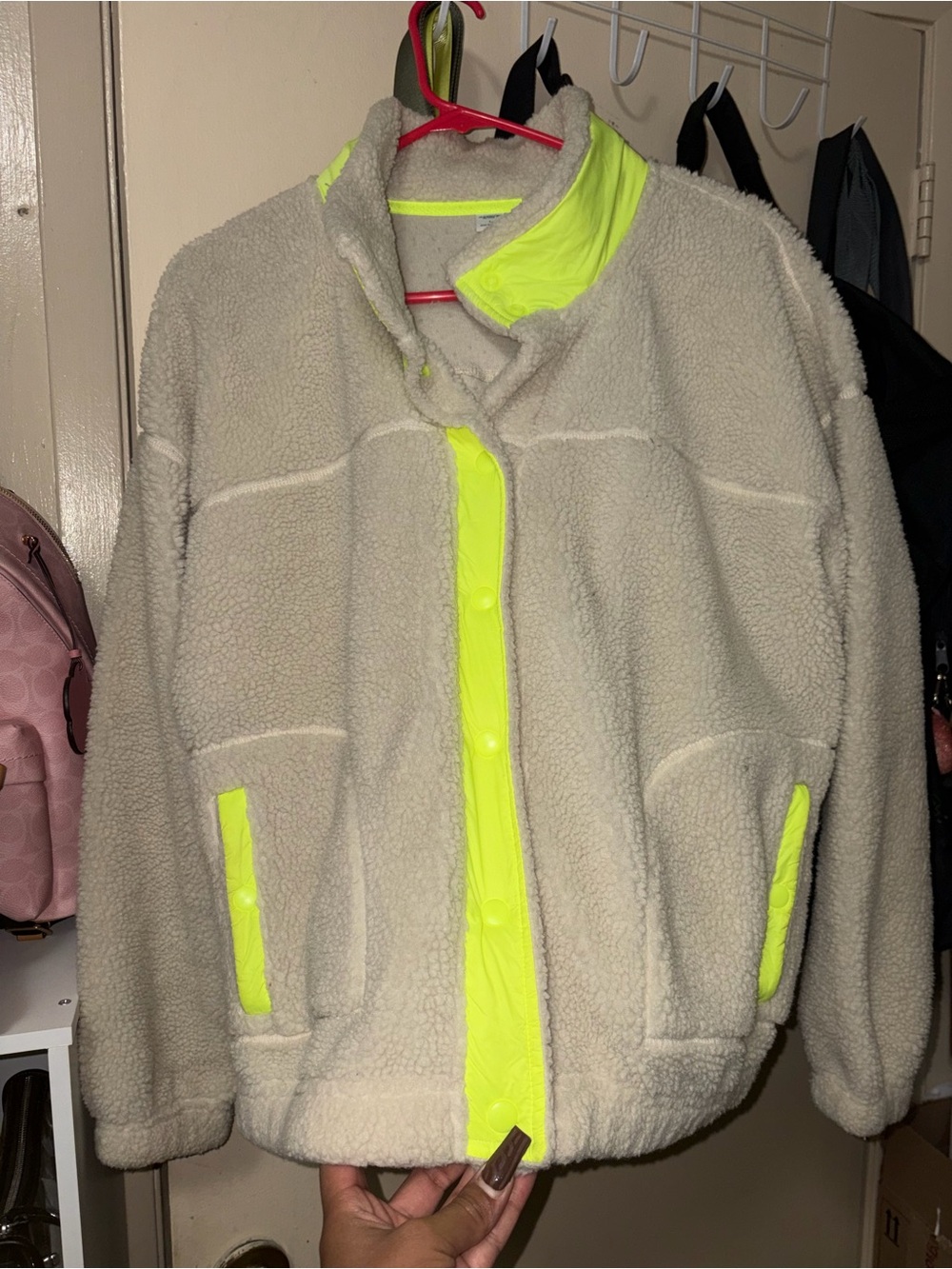 Old Navy Cream Sherpa Jacket with Neon Yellow Trim